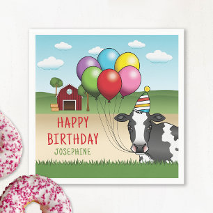 Guardanapo De Papel Vaca segurando balões coloridos Aniversário da Cri