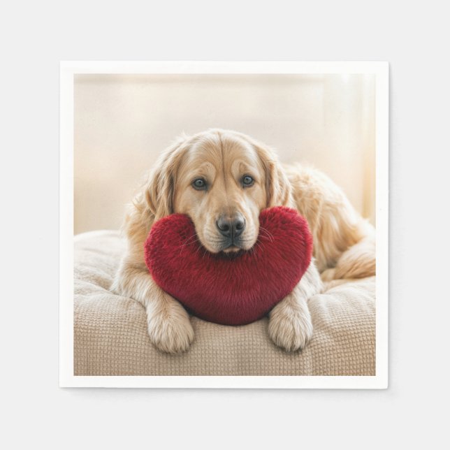 Guardanapo De Papel Valentine Golden Retriever with Heart Pillow (Frente)