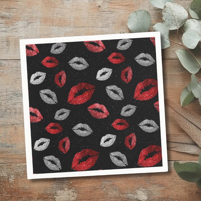 Guardanapo De Papel Valentines Red Silver Glitter Lips on Black  (Criador carregado)