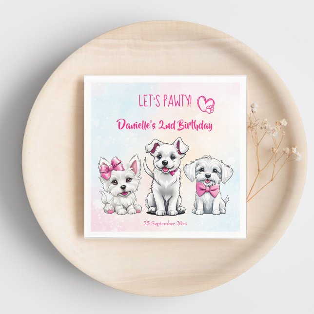 Guardanapo De Papel Vamos rosado e fofinho, cachorrinho, impresso no a (Let's pawty pink cute white puppies with pink bows birthday party printed napkins personalized decor)