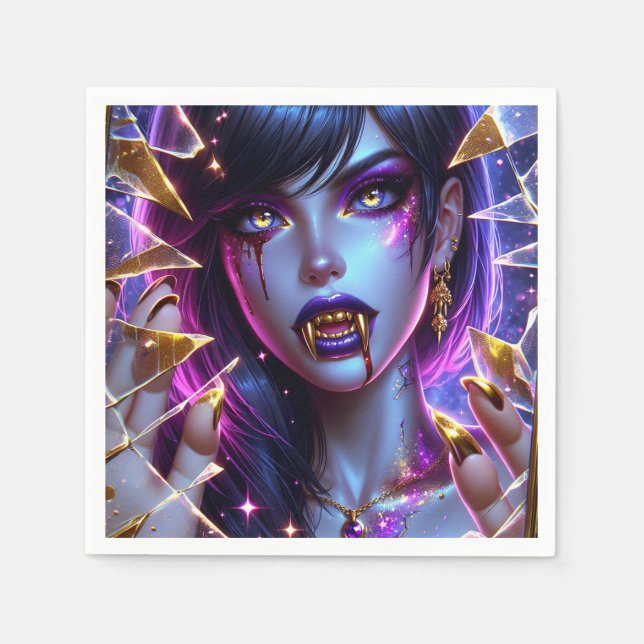 Guardanapo De Papel Vampiro com olhos Dourados e dentes de Halloween (Frente)