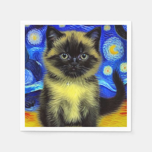 Guardanapo De Papel Van Gogh Starry Night Siamese Cat (Frente)