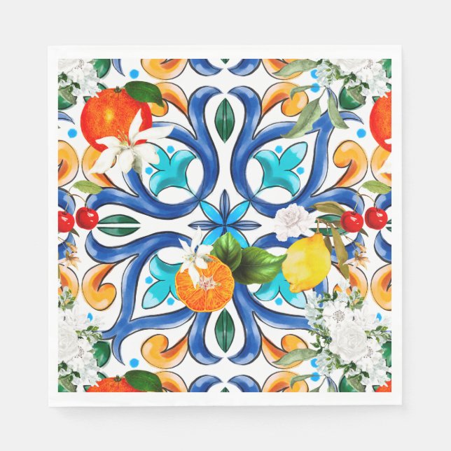 Guardanapo De Papel Verão, azulejos sicilianos, majolica, azulejo cerâ (Frente)