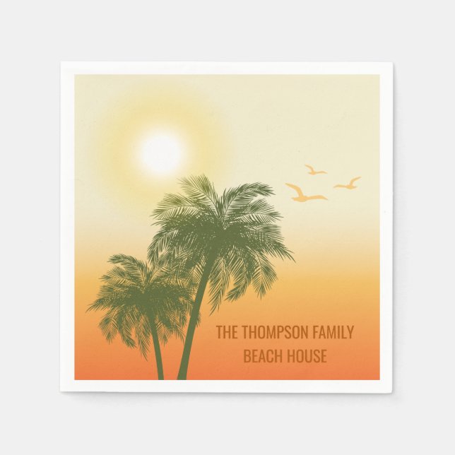 Guardanapo De Papel Verão Tropical Com Sol Pássaros E Palmeiras (Frente)