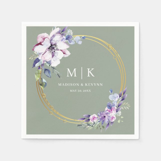 Guardanapo De Papel Verde Dourado Roxo Mínimo e Chic | Casamento (Frente)