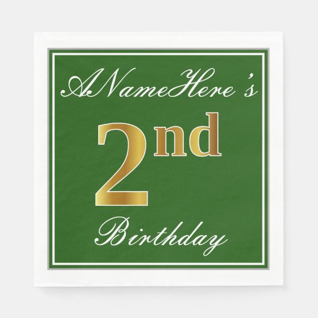 Guardanapo De Papel Verde Elegante, segundo aniversário Dourado Faux;  (Frente)