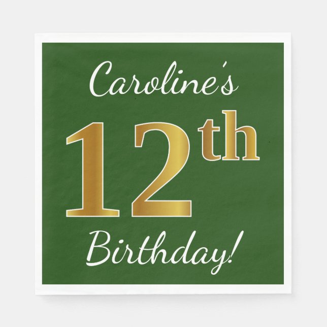 Guardanapo De Papel Verde, Faux Dourado 12 Aniversário + Nome Personal (Frente)