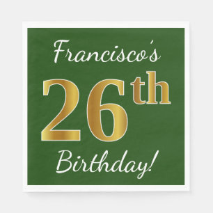 Guardanapo De Papel Verde, Faux Dourado 26º Aniversário + Nome Perso
