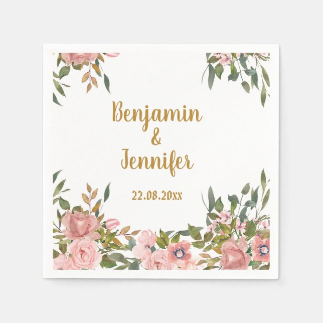 Guardanapo De Papel Verde-Flor Rosa Elegante e Casamento de Ouro (Frente)