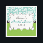 Guardanapo De Papel Verde limão & cerceta, flores brancas, chá de<br><div class="desc">Este guardanapo de papel do chá de panela caracteriza os rosas brancos em um fundo do aqua na metade superior e em um verde limão na parte inferior. Um quadro bonito do branco swirly com uma beira preta caracteriza no centro o texto customizável para que você adicione o nome da...</div>