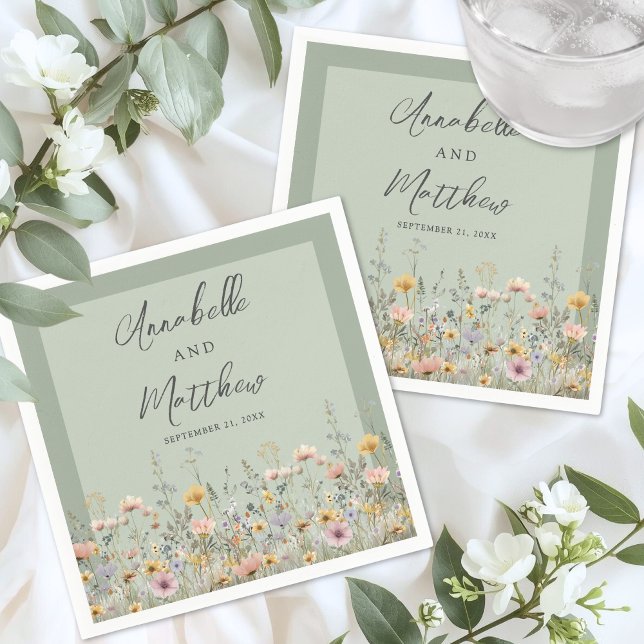 Guardanapo De Papel Verde Salvia Floral de Flores Silvestres Casamento (Sage Green Wildflower Floral Wedding Napkins )