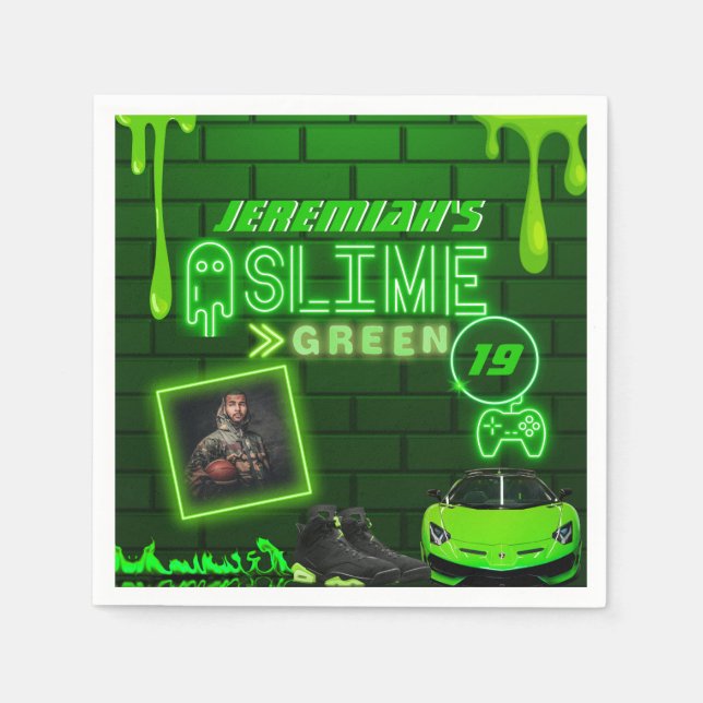 Guardanapo De Papel Verde Slime | Festa de aniversário fotográfica Neo (Frente)