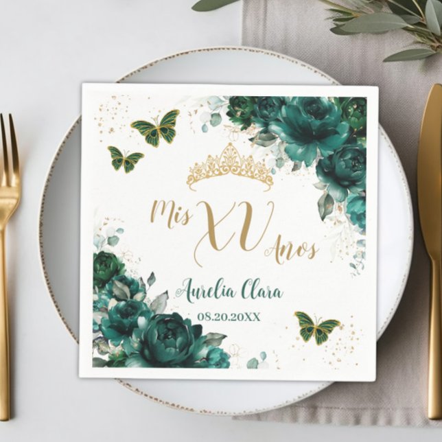 Guardanapo De Papel Verme Verde Floral Quinceanera Borboletas Douradas (Criador carregado)