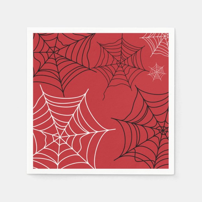 Guardanapo De Papel Vermelho com Aranhas Brancas e Pretas de Halloween (Frente)