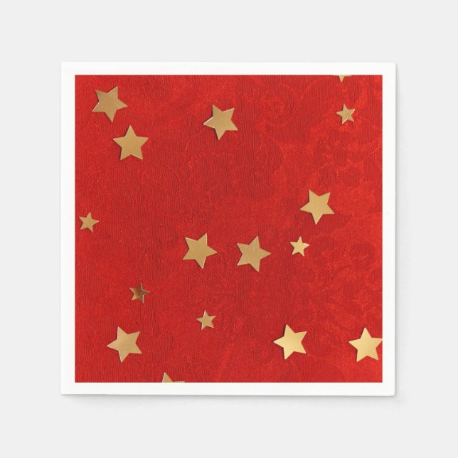 Guardanapo De Papel Vermelho Elegante com Papel de Estrelas Dourado (Frente)