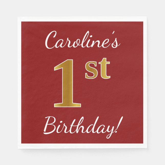 Guardanapo De Papel Vermelho, Falso primeiro aniversario Dourado + Nom (Frente)