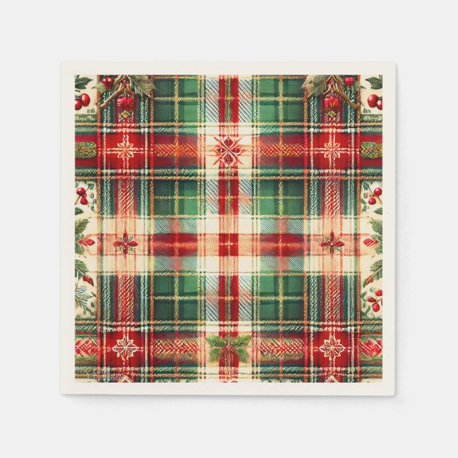 Guardanapo De Papel Vermelho Festivo e Xadrez Verde Nápoles (Frente)