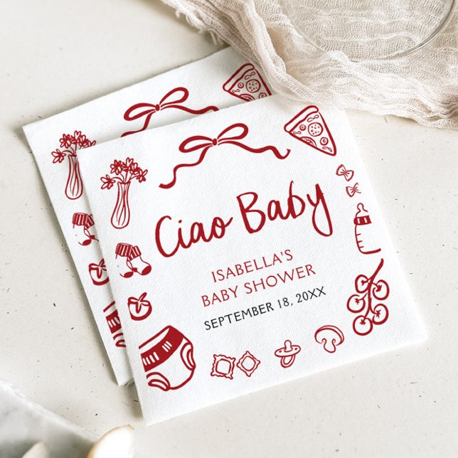 Guardanapo De Papel Vermelho Italiano Pizza Desenhada Pizza Ciao Chá d (Red Italian Hand Drawn Pizza Ciao Baby Baby Shower Napkins)