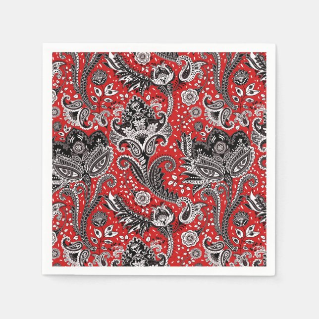 Guardanapo De Papel Vermelho Preto & Branco Floral Paisley Boêmio Boho (Frente)