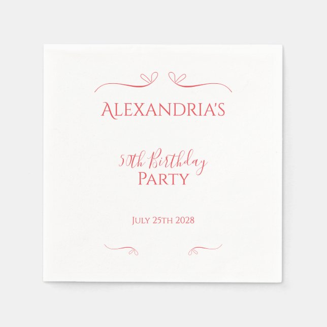 Guardanapo De Papel Vermelho Rosa Mínimo Moderno, Festa de aniversário (Frente)