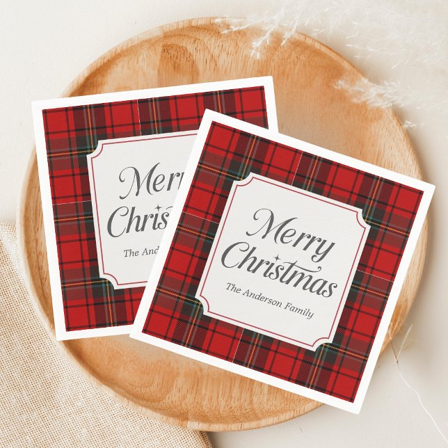 Guardanapo De Papel Vermelho Xadrez Feliz Natal (Red Plaid Modern Merry Christmas Holiday Napkin)