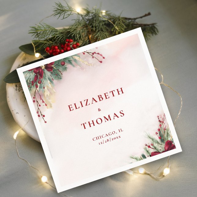 Guardanapo De Papel Vermelhos de inverno Berries aquarela verde (winter christmas wedding bridal shower napkin greenery botanical berries red green gold watercolor)