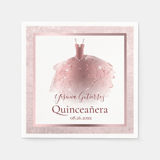 Guardanapo De Papel Vestido de Quinceañera, Rosa Dourado Elegante (Frente)