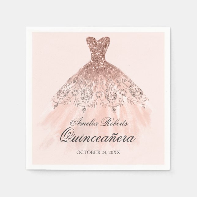 Guardanapo De Papel Vestido de Sparkle rosa Dourado Quinceanera Napkin (Frente)