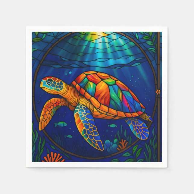 Guardanapo De Papel Vibrant Stained Glass Sea Turtle Ocean Design (Frente)