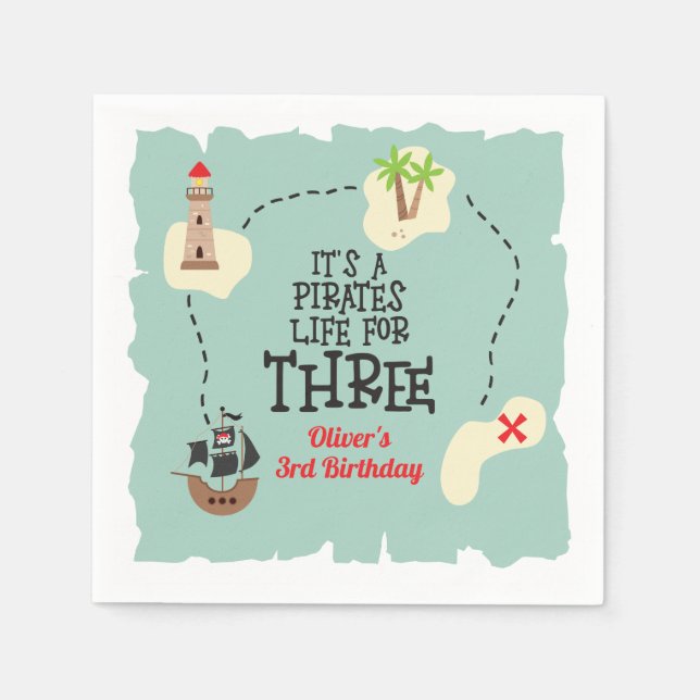 Guardanapo De Papel Vida pirata para três aniversário de 3 anos (Frente)
