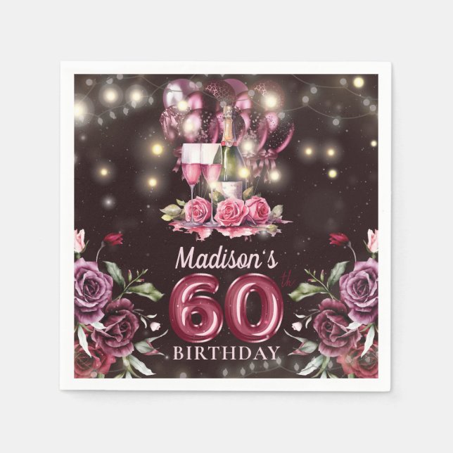 Guardanapo De Papel Vinho e Balões 60º Aniversário Personalizado (Frente)