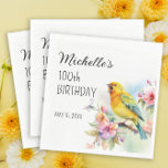 Guardanapo De Papel Vintage Birds Canaries Flores 100º Aniversário<br><div class="desc">Bonito safra 100ª festa de aniversário de guardanapos de papel personalizados com um canário amarelo cantando nos ramos de uma árvore florescendo com flores de primavera. Personalizada com o nome da convidada de honra, sua idade e seu encontro de festas. Entre em contato comigo para obter assistência com suas personalizações...</div>