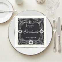 Vintage Black and White Floral Engraved Graduation