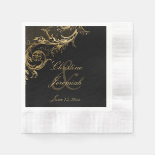 Guardanapo De Papel Vintage Black Floral Dourado Casamento com Script