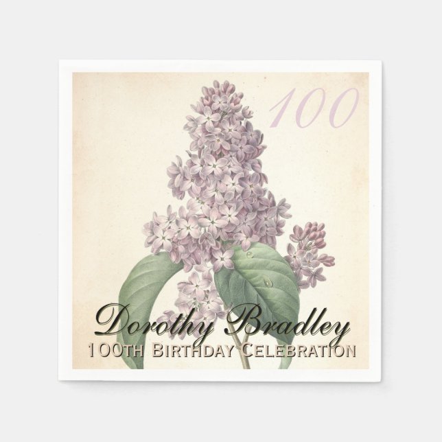 Guardanapo De Papel Vintage Botanical Lilac 100th Festa de aniversário (Frente)