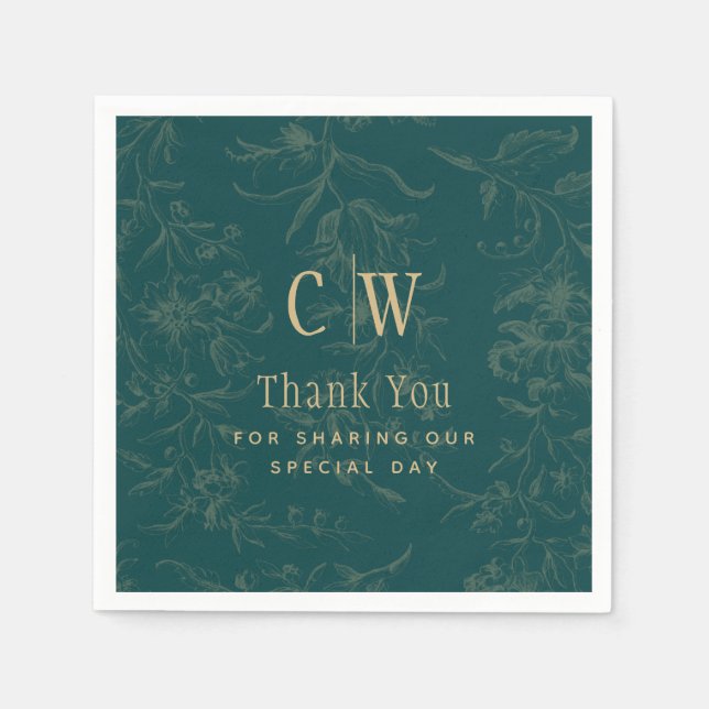 Guardanapo De Papel Vintage BOTANICAL TEAL DOURADO Casamento (Frente)