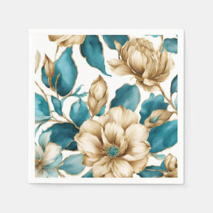 Guardanapo De Papel Vintage Dourado Teal Branco Flor Padrão