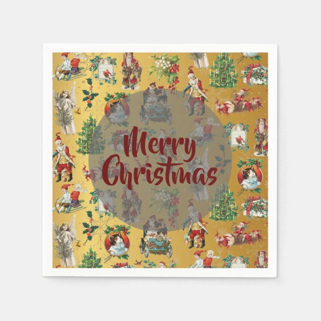 Guardanapo De Papel Vintage Felry Christmas Retro Dourado (Frente)