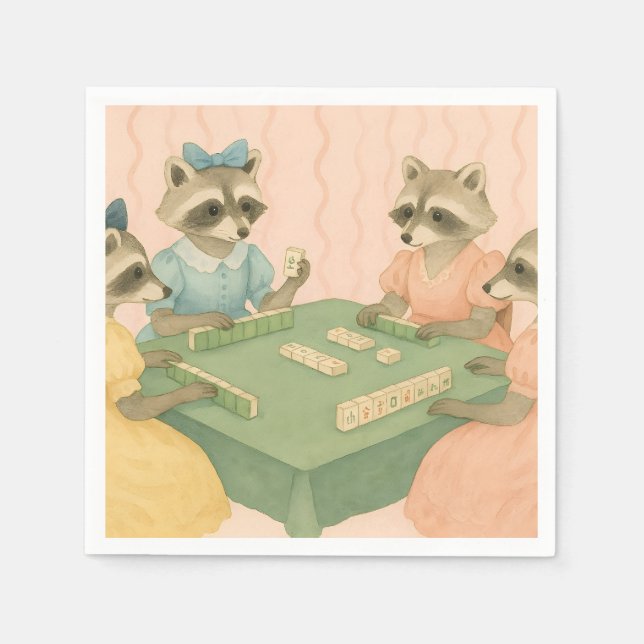 Guardanapo De Papel Vintage Fofo Mapaches Jogando Mahjong (Frente)