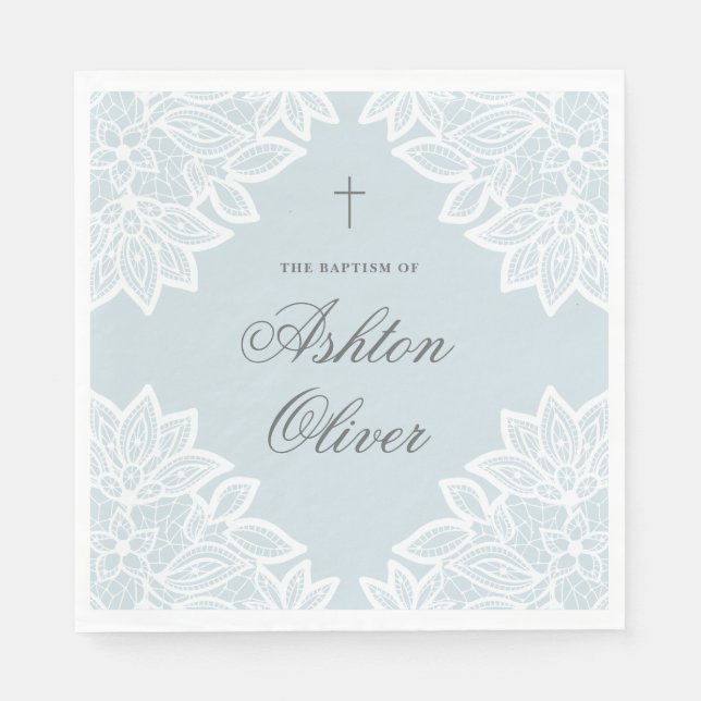 Guardanapo De Papel Vintage Lace Blue Christening Baptism (Frente)