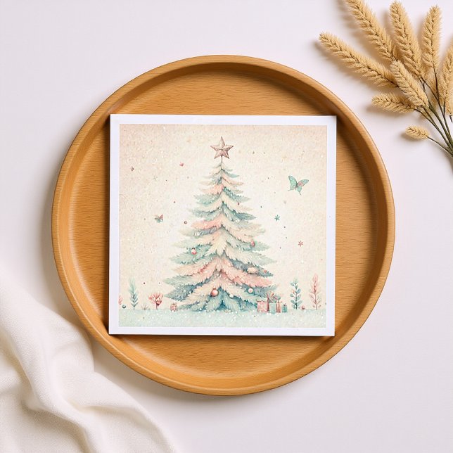 Guardanapo De Papel Vintage pale Feliz Natal (Vintage Christmas Tree soft pink Watercolor Napkins)