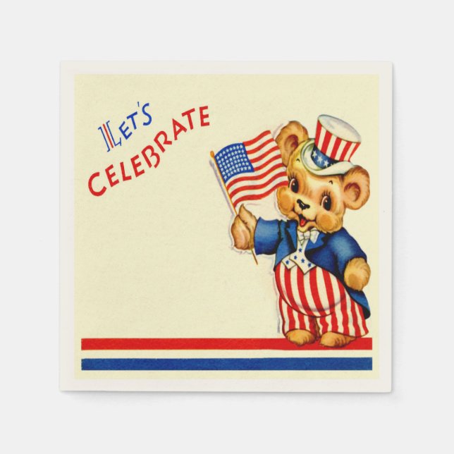Guardanapo De Papel Vintage Patriotic Teddy Bear Napkin (Frente)