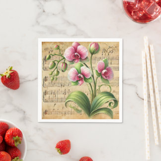 Guardanapo De Papel Vintage Pink & Green Orchids Sheet Music Decoupage