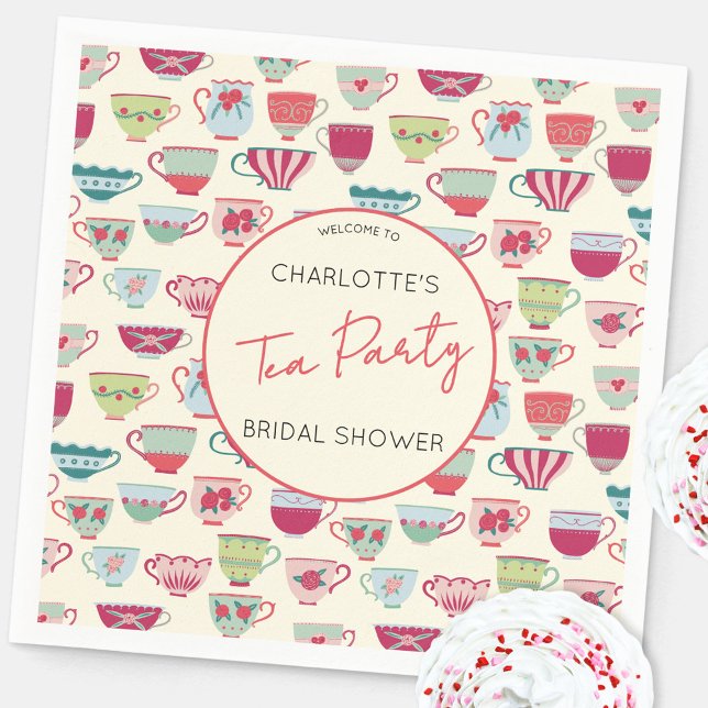 Guardanapo De Papel Vintage Tea Party Bridal Shower (Modern vintage teacup pattern personalized bridal shower tea party themed paper napkins)