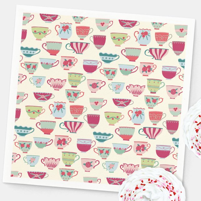 Guardanapo De Papel Vintage Teacup Tea Party (Modern vintage teacup tea party pattern paper napkin for celebrations and events)