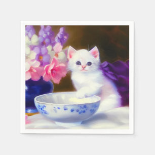 Guardanapo De Papel Vintage White Kitten com Fita Roxa