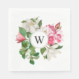 Guardanapo De Papel Vintage White & Pink Magnolia Flowers Monograma