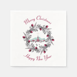 Guardanapo De Papel Vintage Winter Church Scende com a coroa de Natal