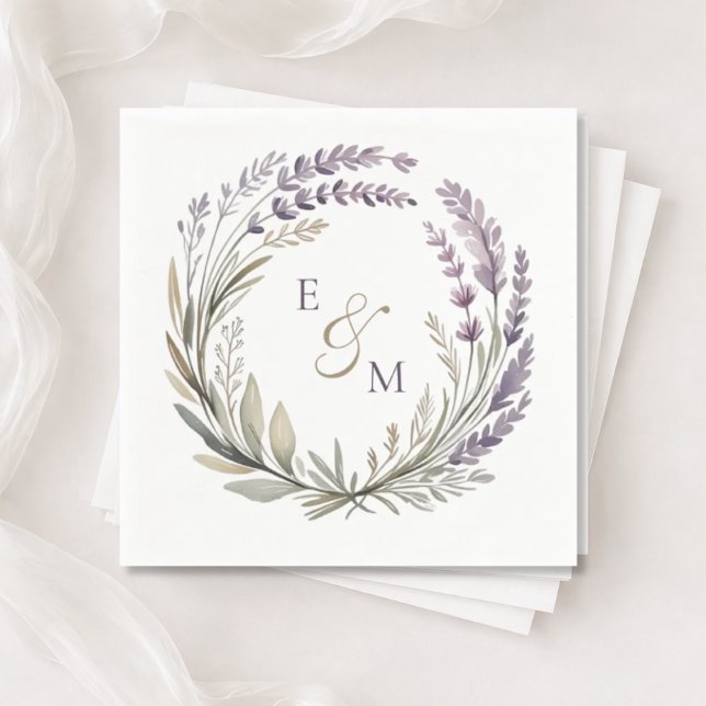 Guardanapo De Papel Violet and Sage Floral Wreath Wedding Napkin (Criador carregado)
