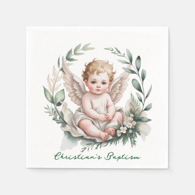 Guardanapo De Papel Watercolor Angel Wings Baptism Green (Frente)